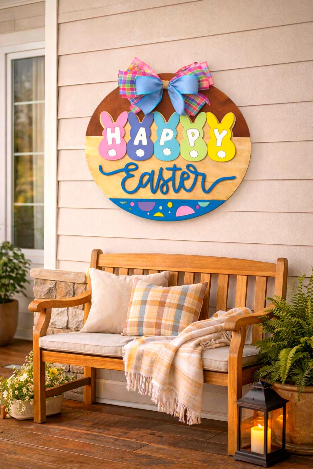 Happy Easter Wooden Sign | Farmhouse Spring Bunny Decor | Handmade Porch Door Hanger / Wall Hanging Seasonal Door Hanger