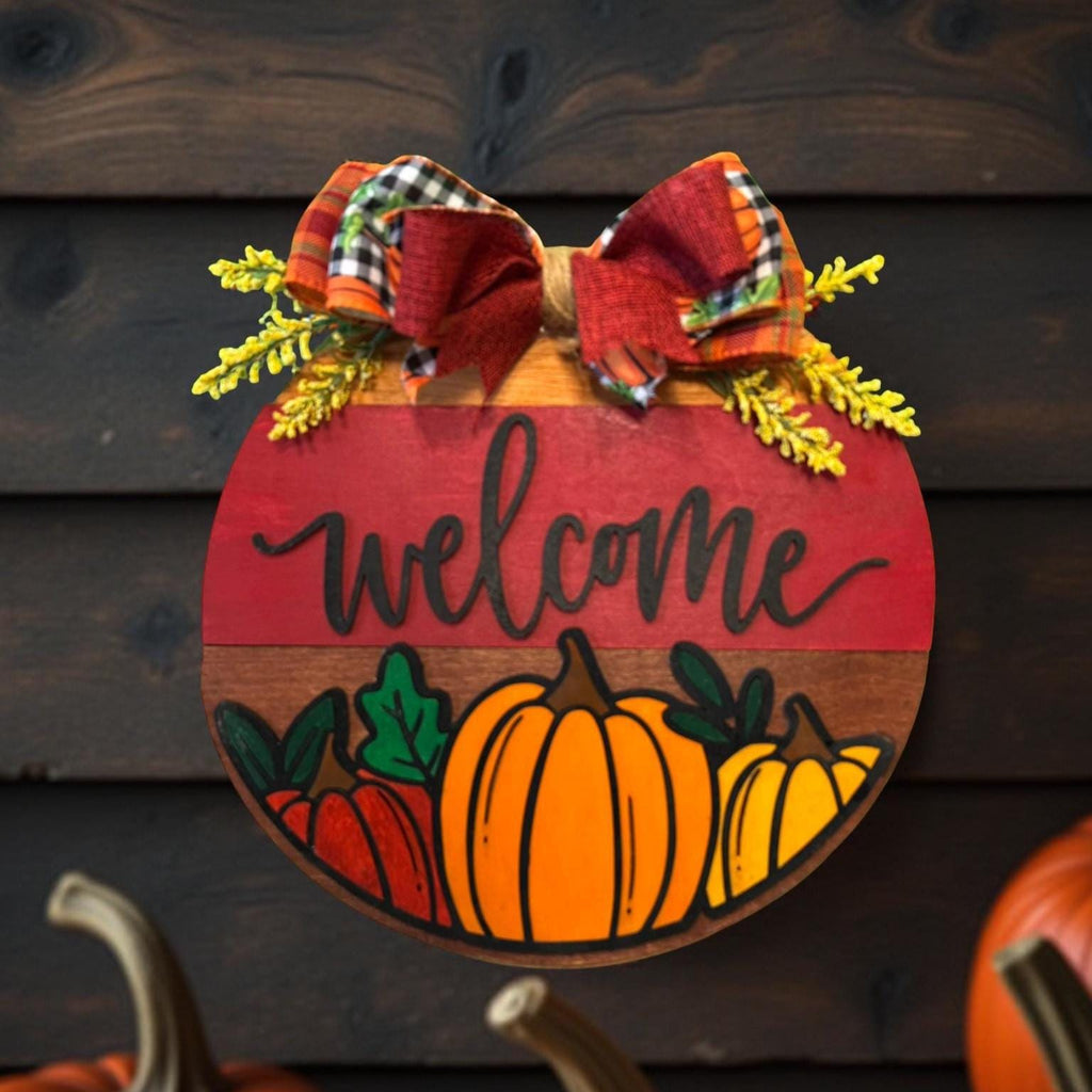 Fall Pumpkin Welcome Sign | Layered Wooden Door Hanger | Autumn Front Door Decor Seasonal Door Hanger
