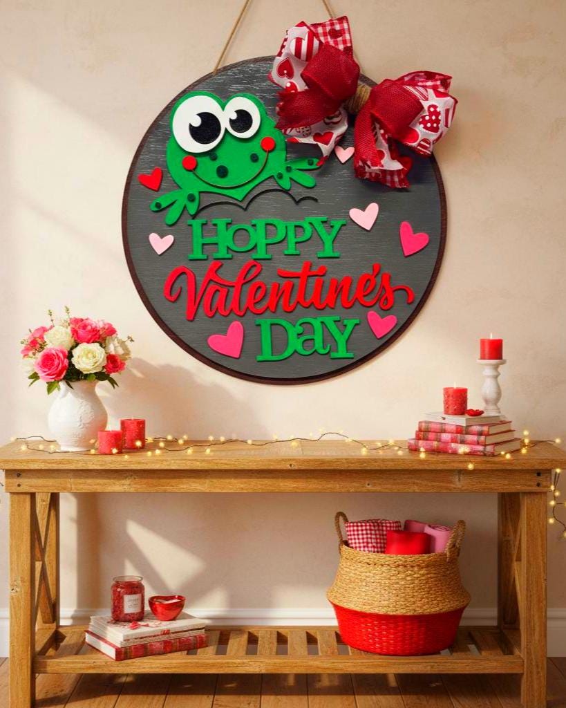 Hoppy Valentine’s Day Wooden Sign | Valentine Door Hanger | Frog Decor | Handmade Holiday Sign Handmade Wood Door Hanger