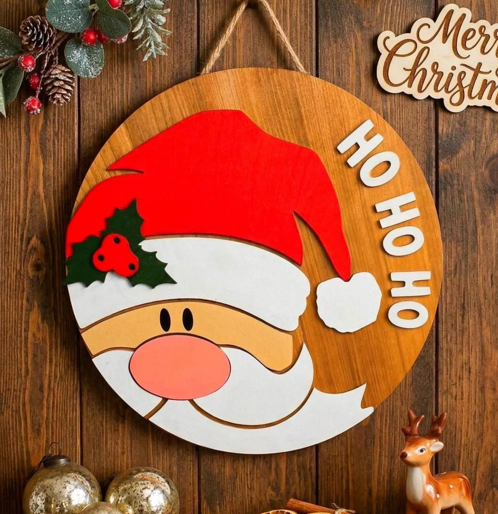 3D Layered Wood Santa Claus Sign - Large "Ho Ho Ho" Christmas Wall Decor Seasonal Door Hanger