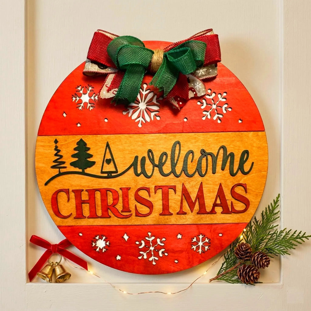 Welcome Christmas Sign – Round Wooden Door Hanger – Layered Holiday Decor with Seasonal Bow Seasonal Door Hanger