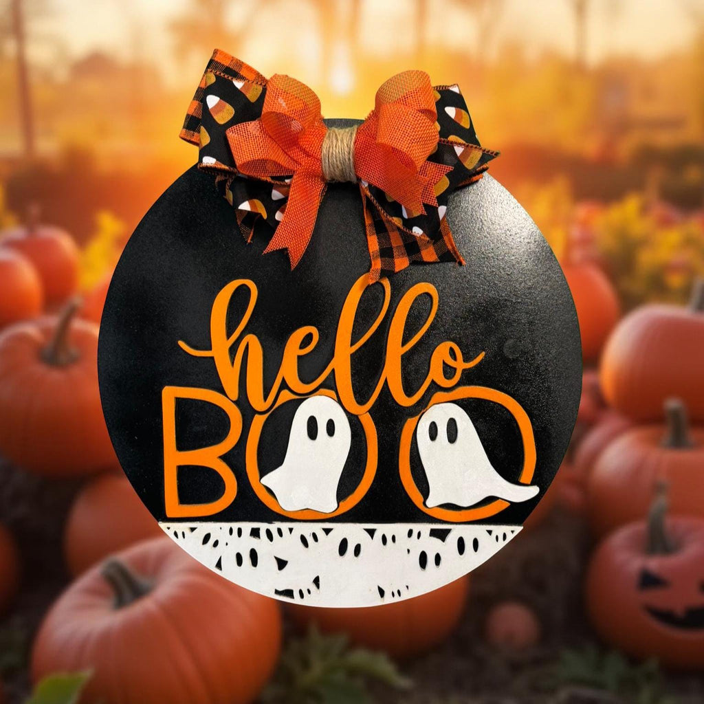 Ghost Halloween Sign: Layered Wood Door Hanger with Bow Seasonal Door Hanger