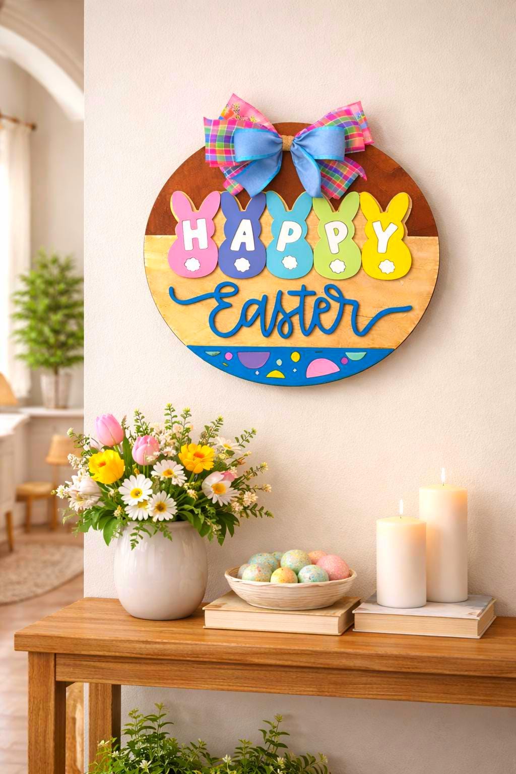 Happy Easter Wooden Sign | Farmhouse Spring Bunny Decor | Handmade Porch Door Hanger / Wall Hanging Seasonal Door Hanger
