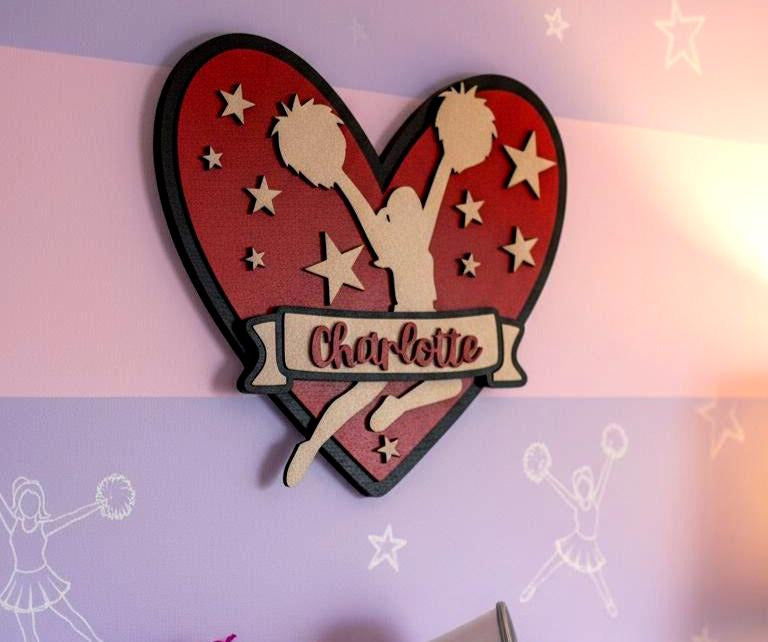 Personalized Cheerleader Heart Sign | Custom Name Wooden Cheer Decor | Girls Sports Room Wall Art Handmade 3D Wood Sign