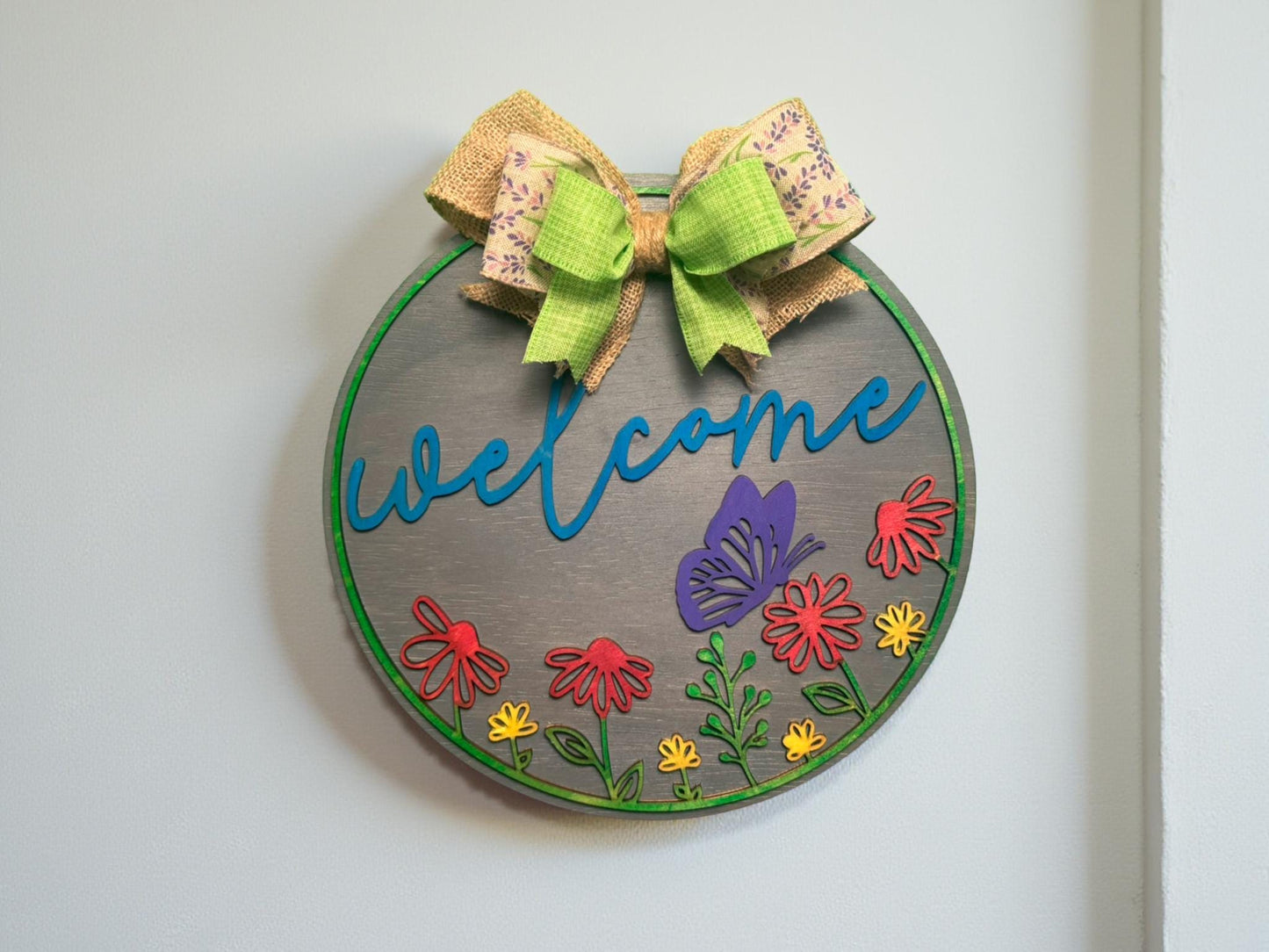 Handmade Wooden Welcome Sign | 12.25" Round Butterfly & Floral Door Hanger | Multi-Layer Porch Sign with Bow | Handmade Farmhouse Door Decor