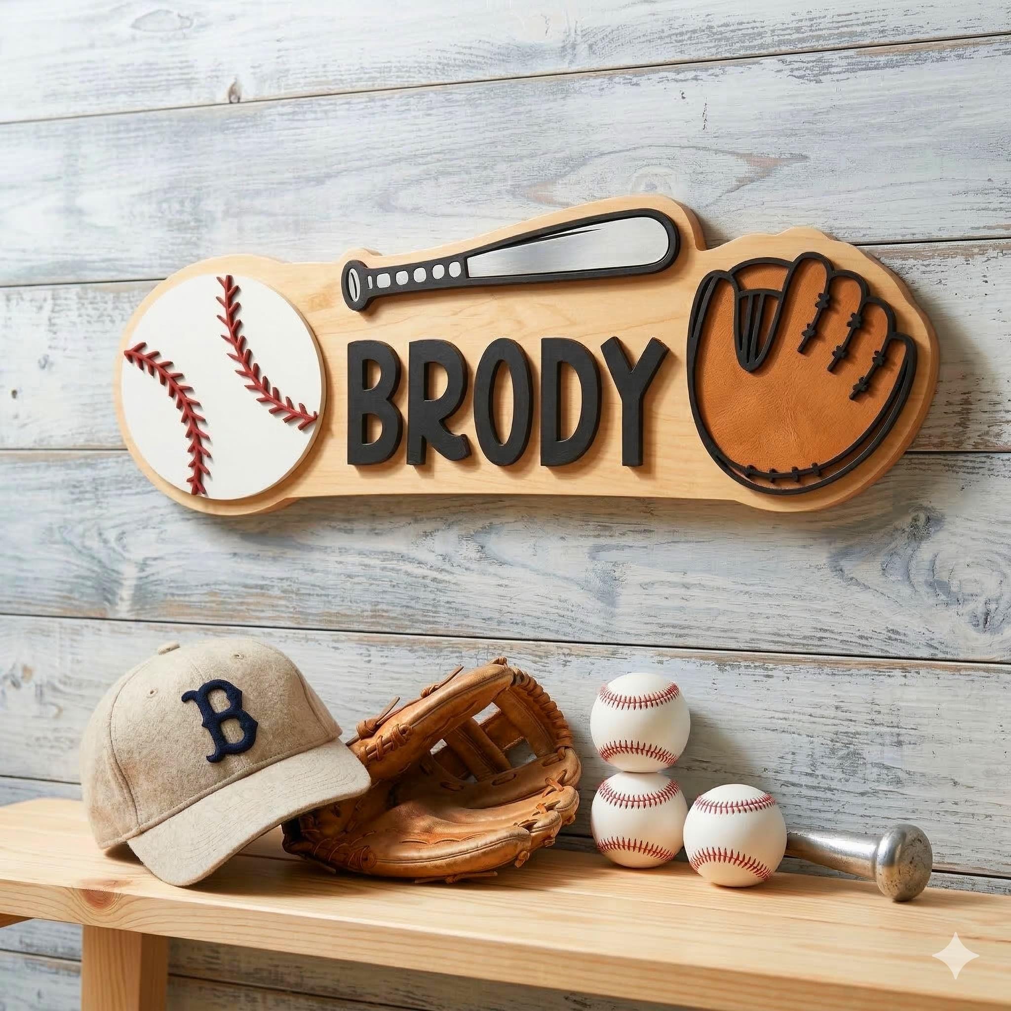 Personalized Baseball Name Sign – Custom Bat, Ball & Glove Cutouts – Layered Wood Sports Decor Custom Baseball Decor