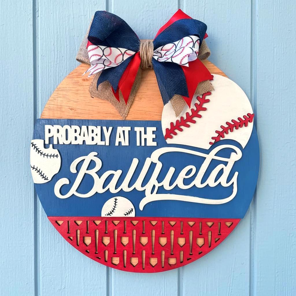 Baseball Sign Probably at the Ballfield: Multi-Layered Wooden Decor with Bow