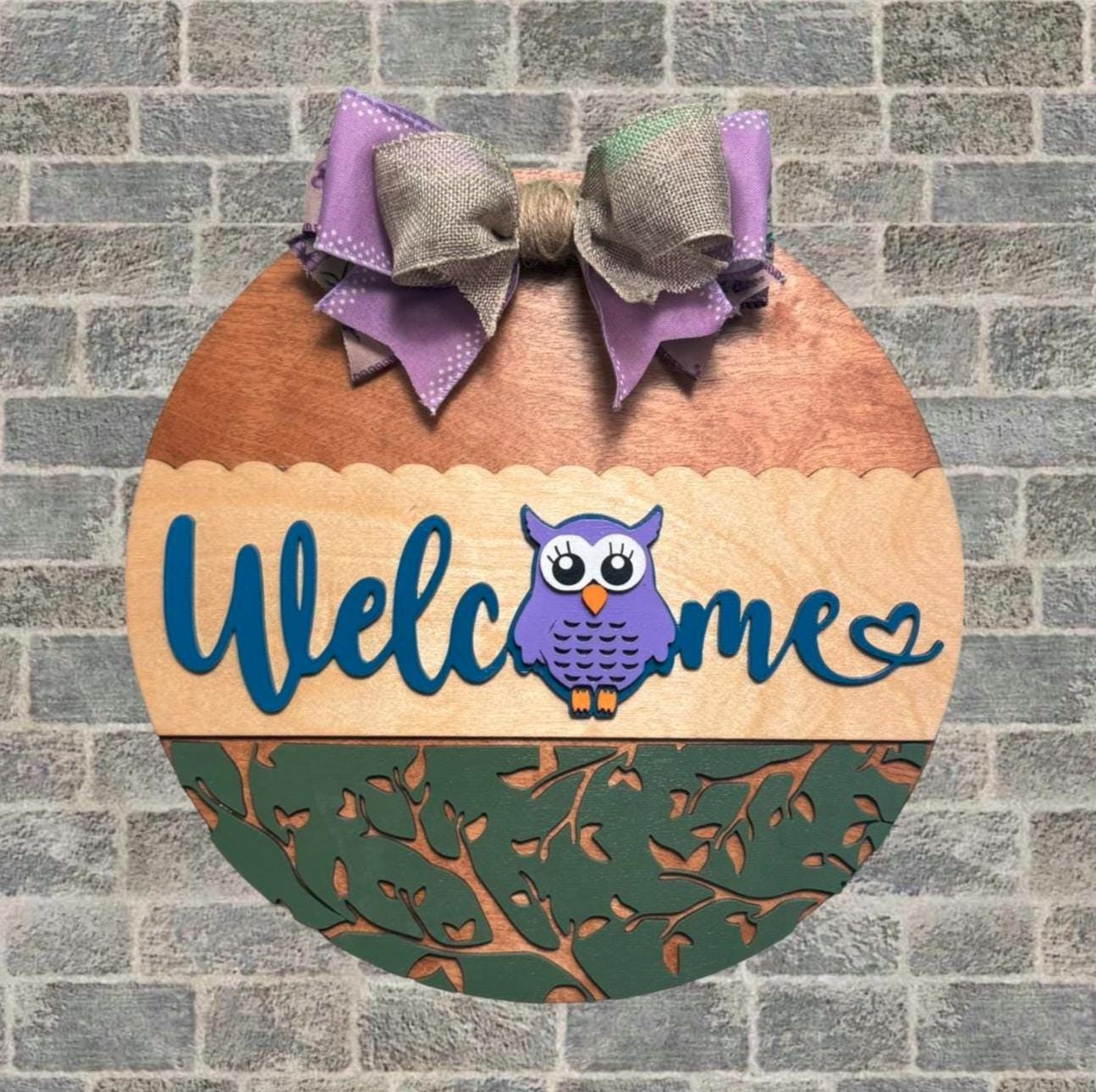Handmade Owl Welcome Sign – 14" Layered Wood Round with Bow – Front Door Decor for Spring, Summer, or Mother’s Day – Owl Lover Decor