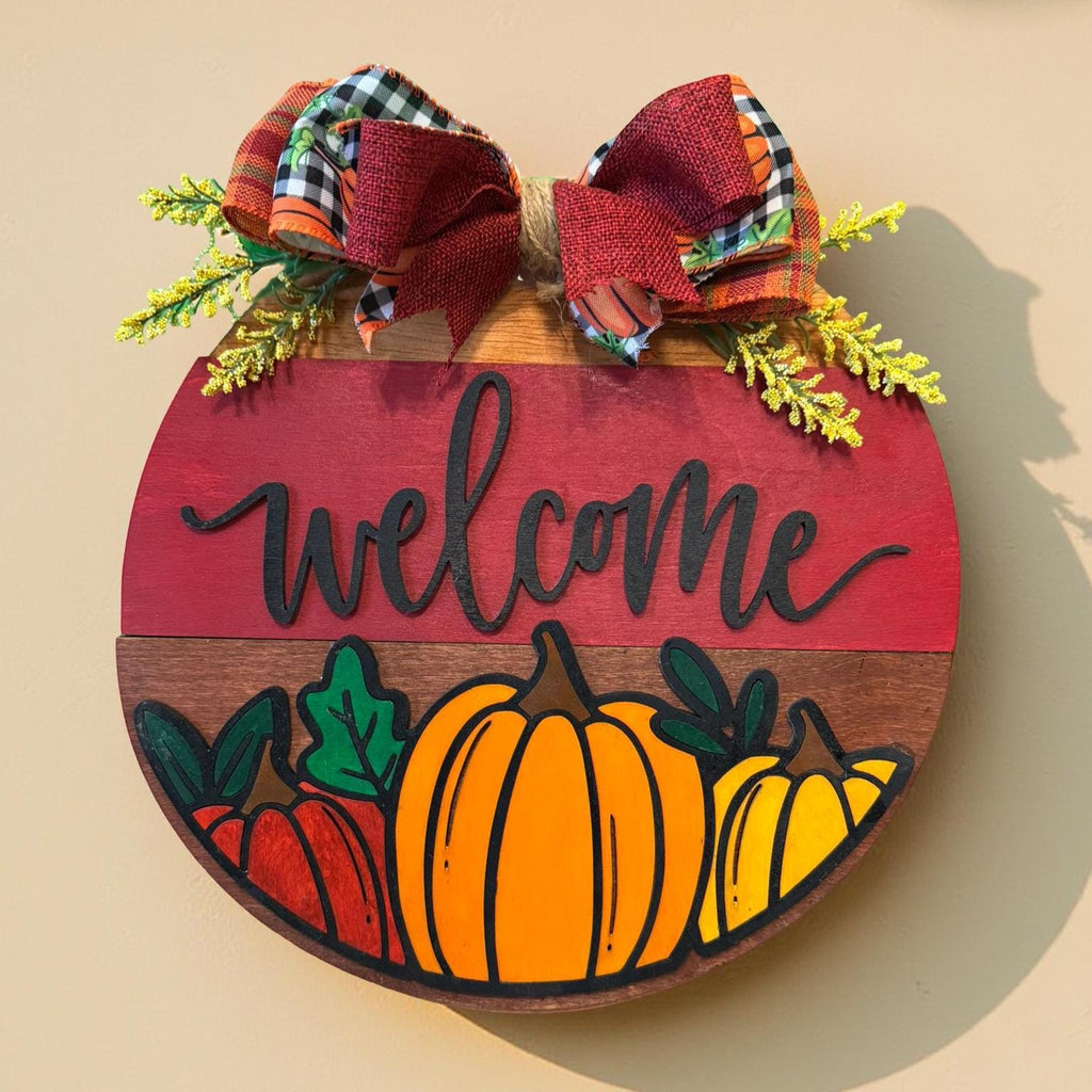 Fall Pumpkin Welcome Sign | Layered Wooden Door Hanger | Autumn Front Door Decor Seasonal Door Hanger