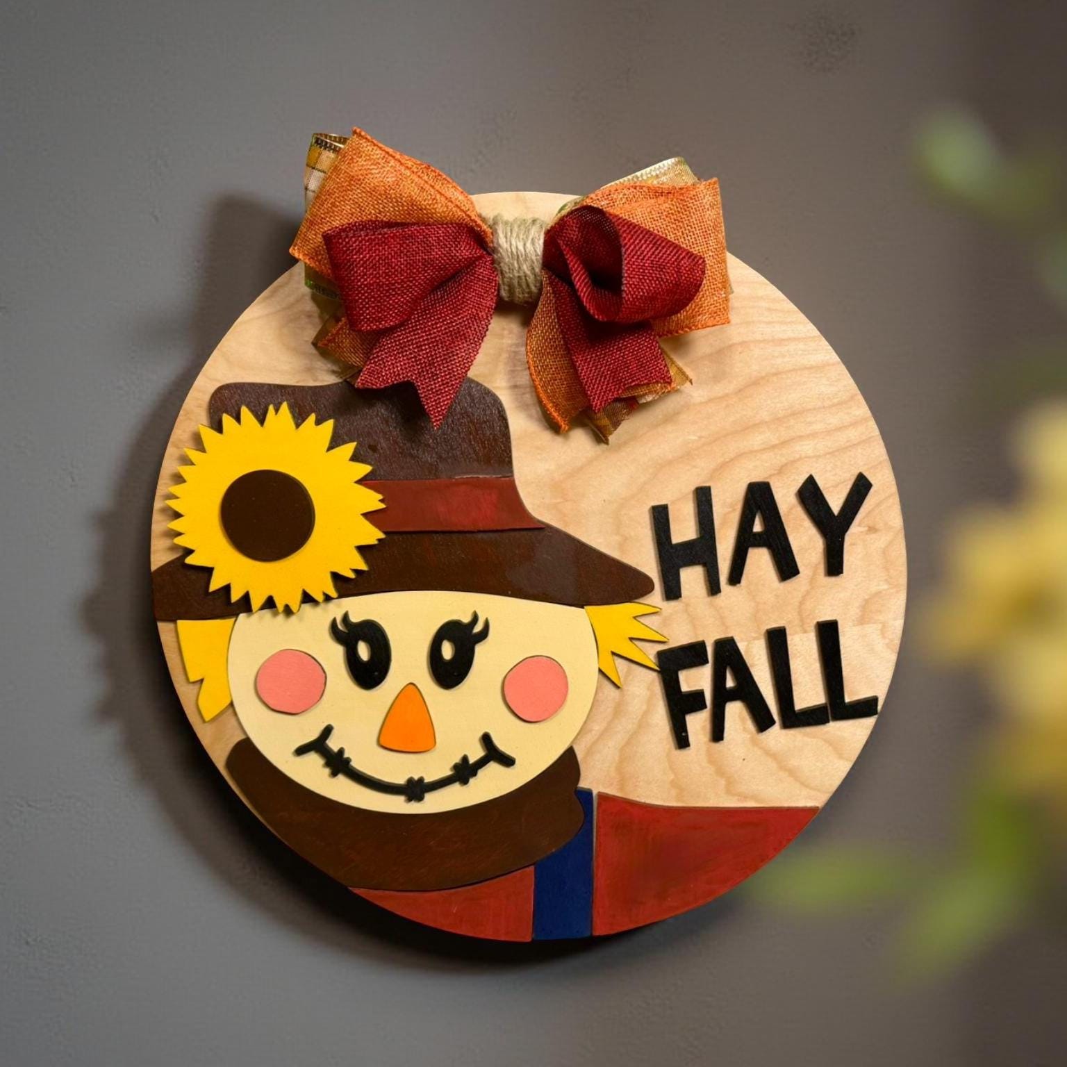 🍂 Hay Fall Scarecrow Wooden Sign – Layered Seasonal Door Hanger Seasonal Door Hanger