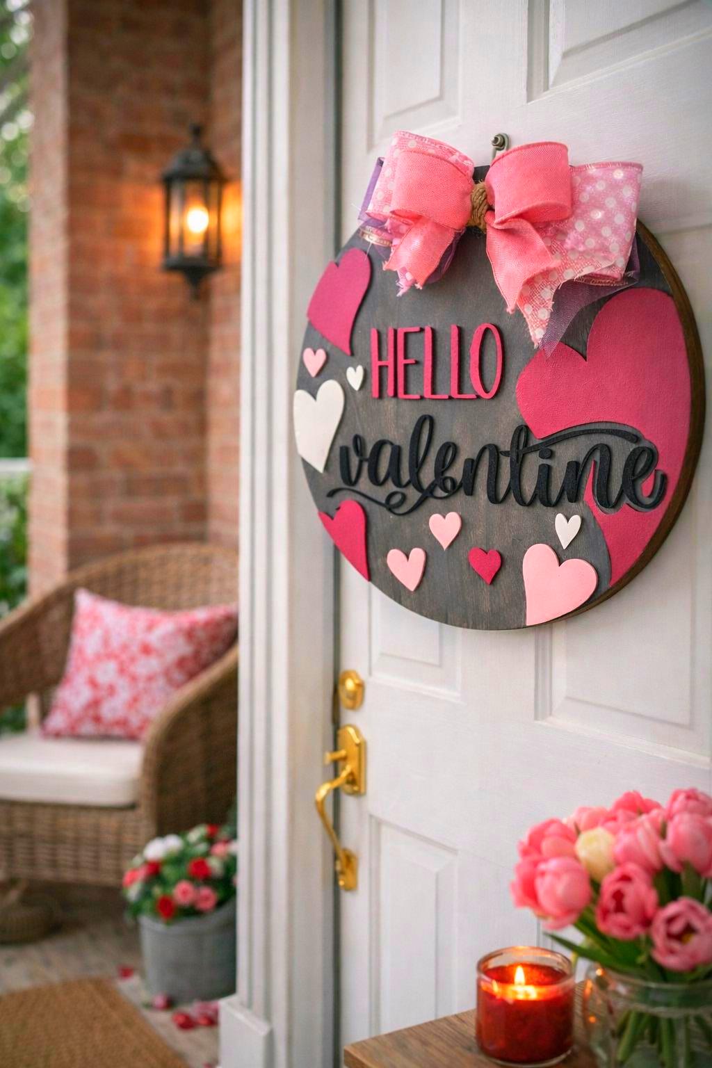 Hello Valentine Wooden Door Hanger | Heart Decor | Layered Wood Round Sign with Bow Seasonal Door Hanger