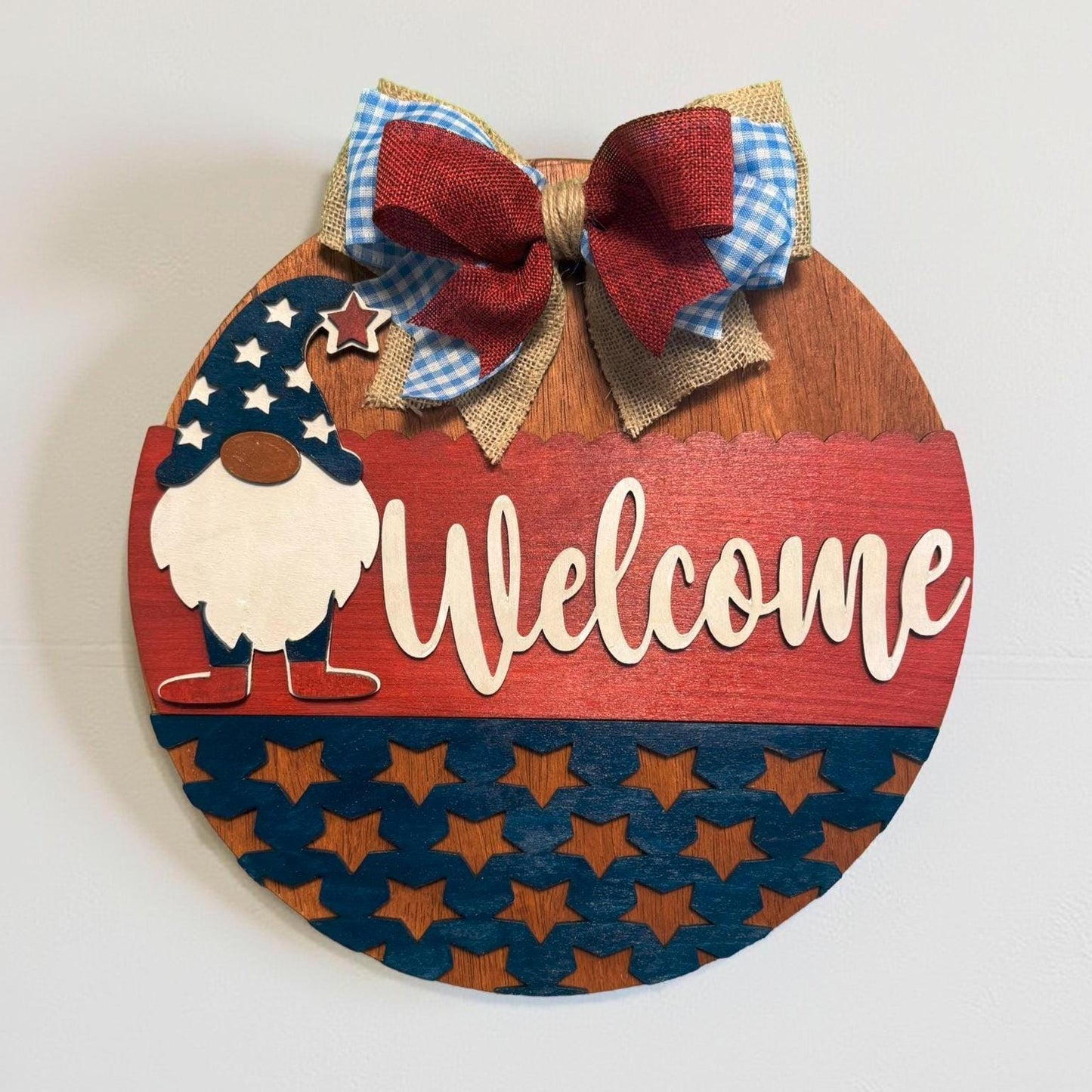 Gnome Patriotic Welcome Sign | 4th of July Porch Decor | Handmade Red White Blue Door Sign | Memorial Day Decor | Summer Gnome Decoration