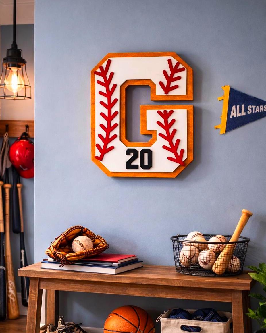Personalized Baseball Letter Sign with Custom Number • Wooden Sports Wall Hanging • Baseball Room Decor