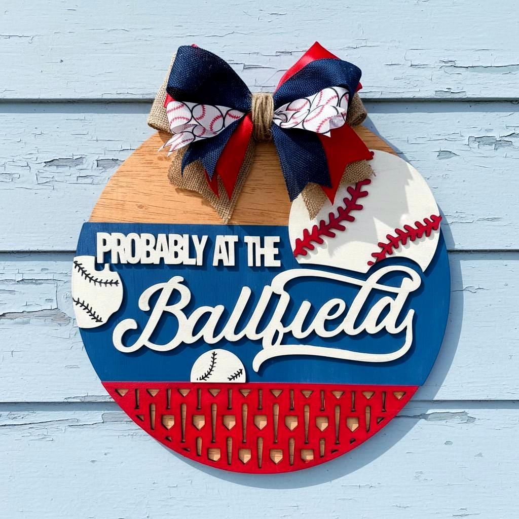 Baseball Sign Probably at the Ballfield: Multi-Layered Wooden Decor with Bow