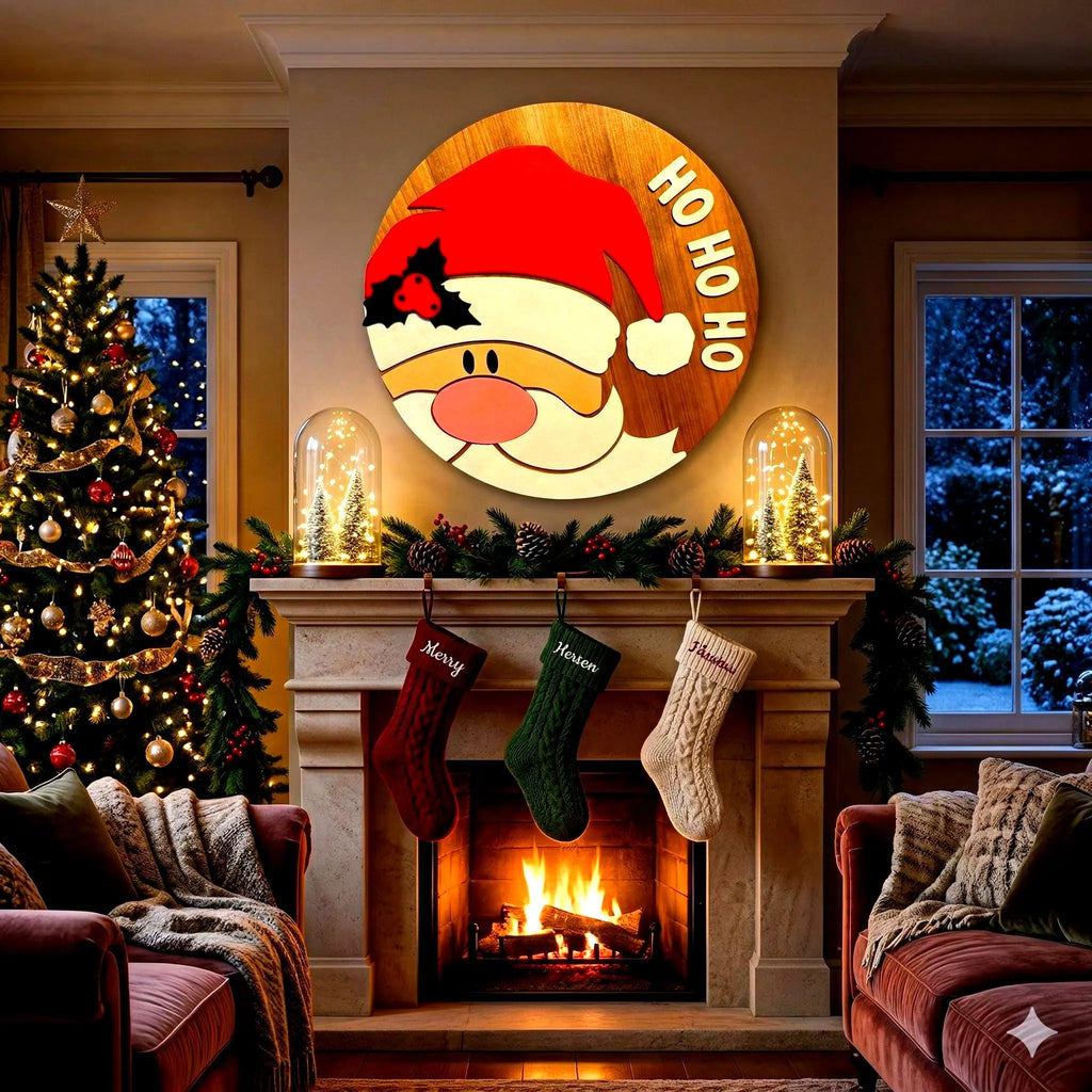 3D Layered Wood Santa Claus Sign - Large "Ho Ho Ho" Christmas Wall Decor Seasonal Door Hanger