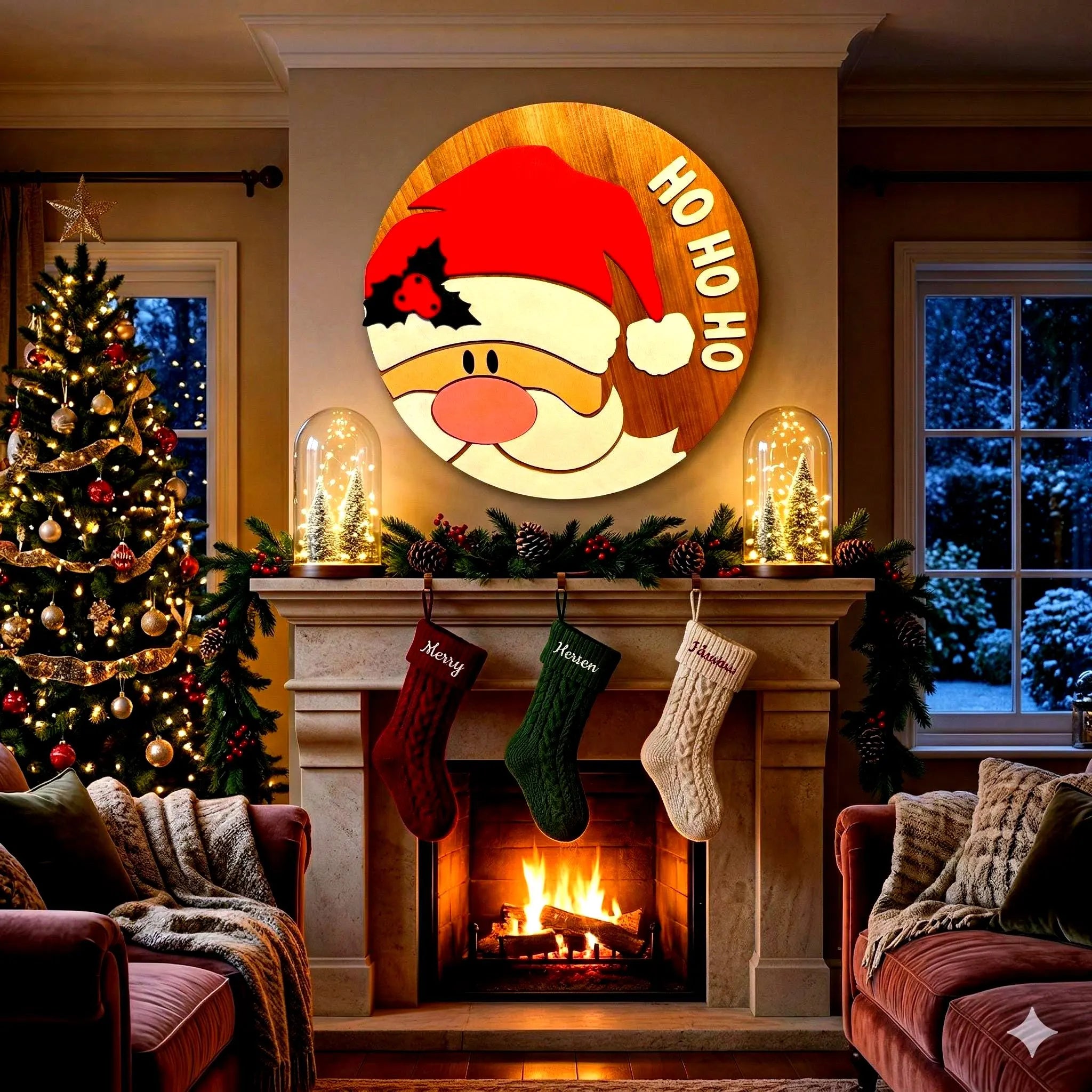 3D Layered Wood Santa Claus Sign - Large "Ho Ho Ho" Christmas Wall Decor Seasonal Door Hanger