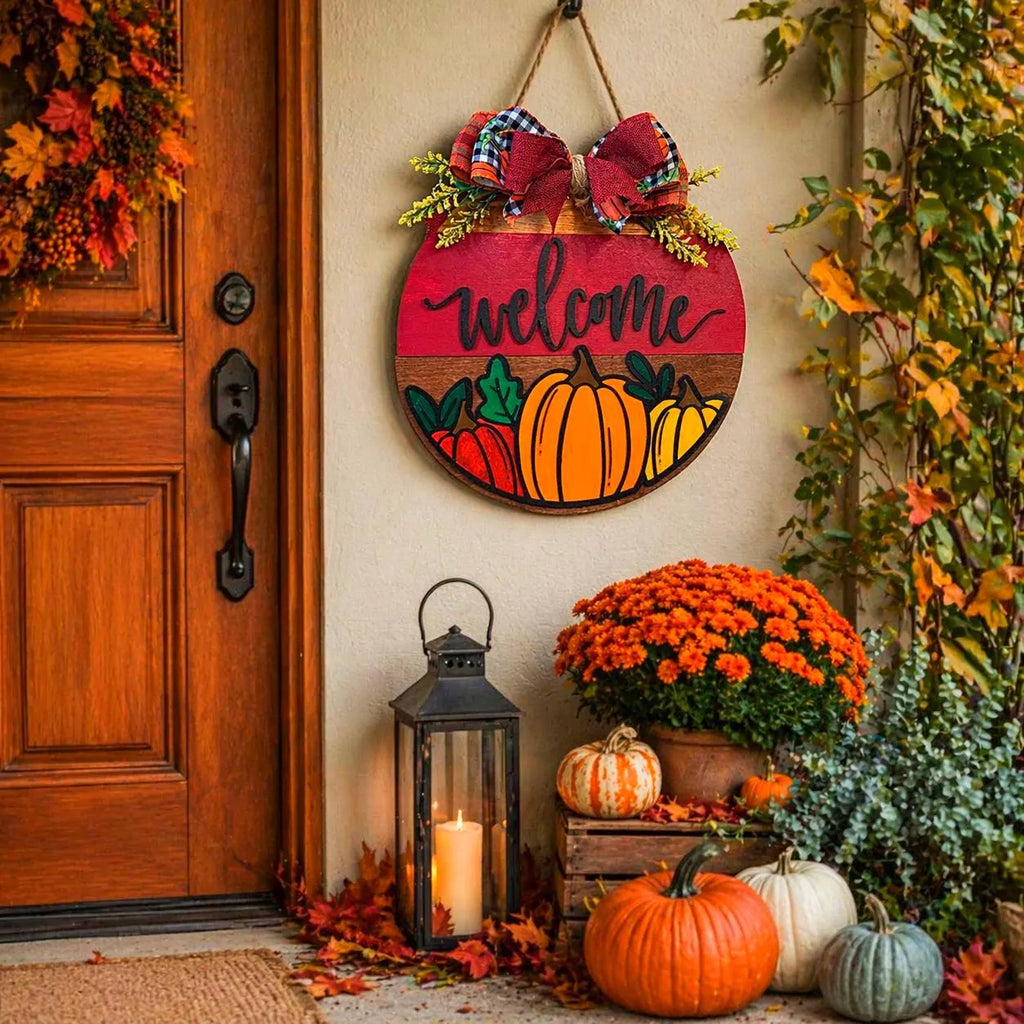 Fall Pumpkin Welcome Sign | Layered Wooden Door Hanger | Autumn Front Door Decor Seasonal Door Hanger