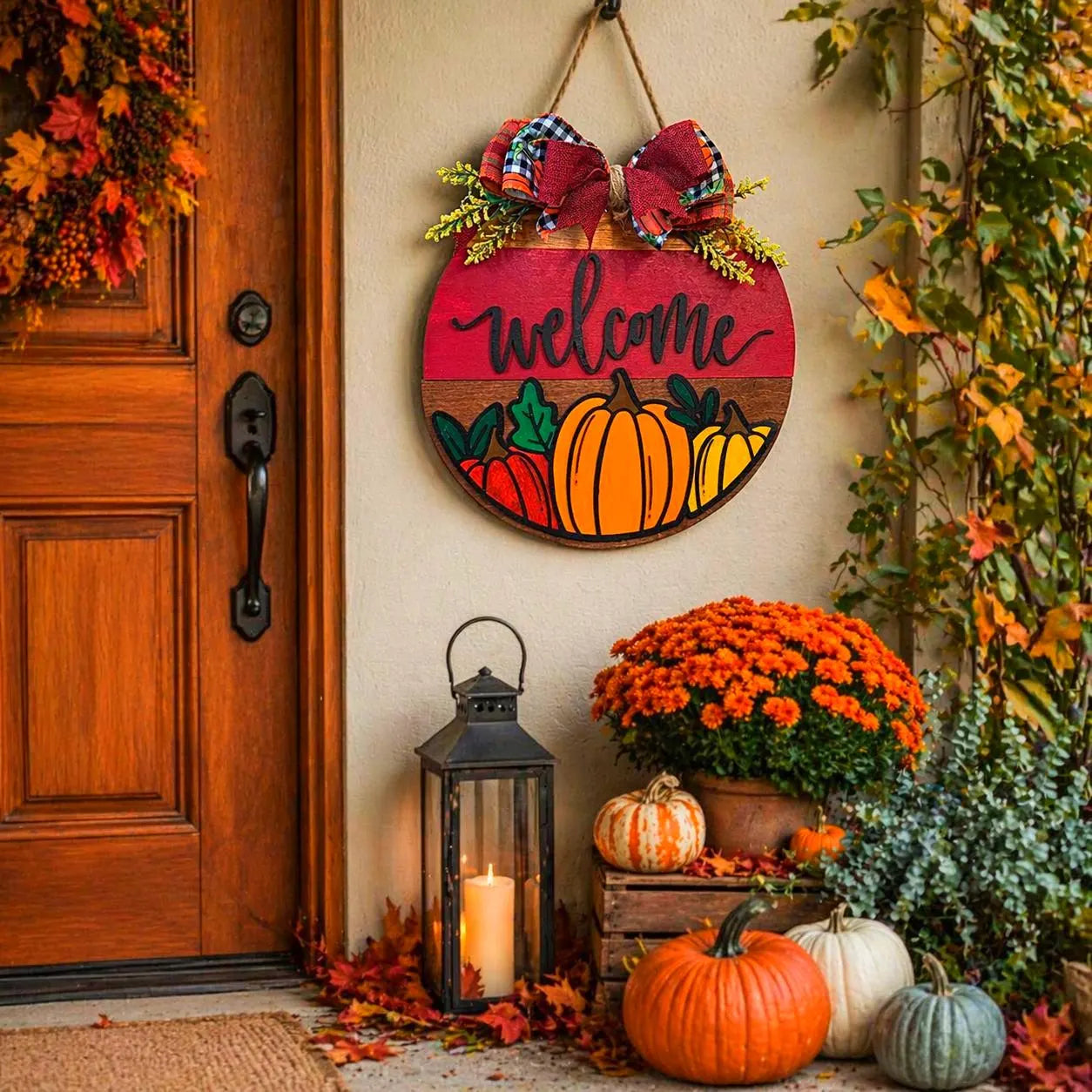 Fall Pumpkin Welcome Sign | Layered Wooden Door Hanger | Autumn Front Door Decor Seasonal Door Hanger