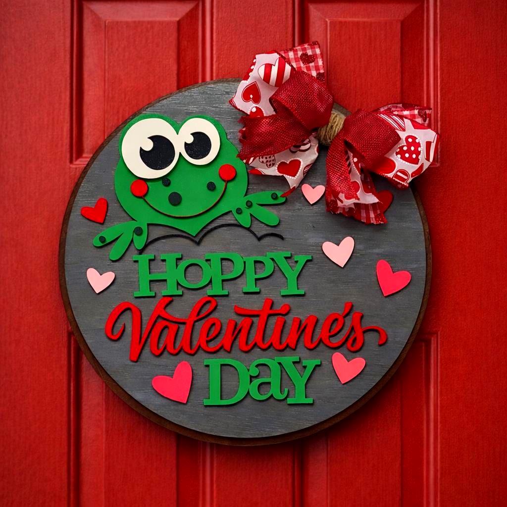 Hoppy Valentine’s Day Wooden Sign | Valentine Door Hanger | Frog Decor | Handmade Holiday Sign Handmade Wood Door Hanger