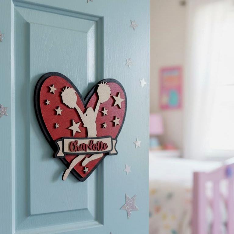 Personalized Cheerleader Heart Sign | Custom Name Wooden Cheer Decor | Girls Sports Room Wall Art Handmade 3D Wood Sign