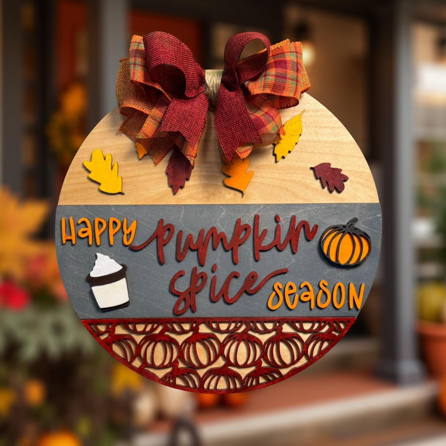 Pumpkin Spice Season Wood Sign: Fall Farmhouse Door Hanger with Plaid Bow Seasonal Door Hanger