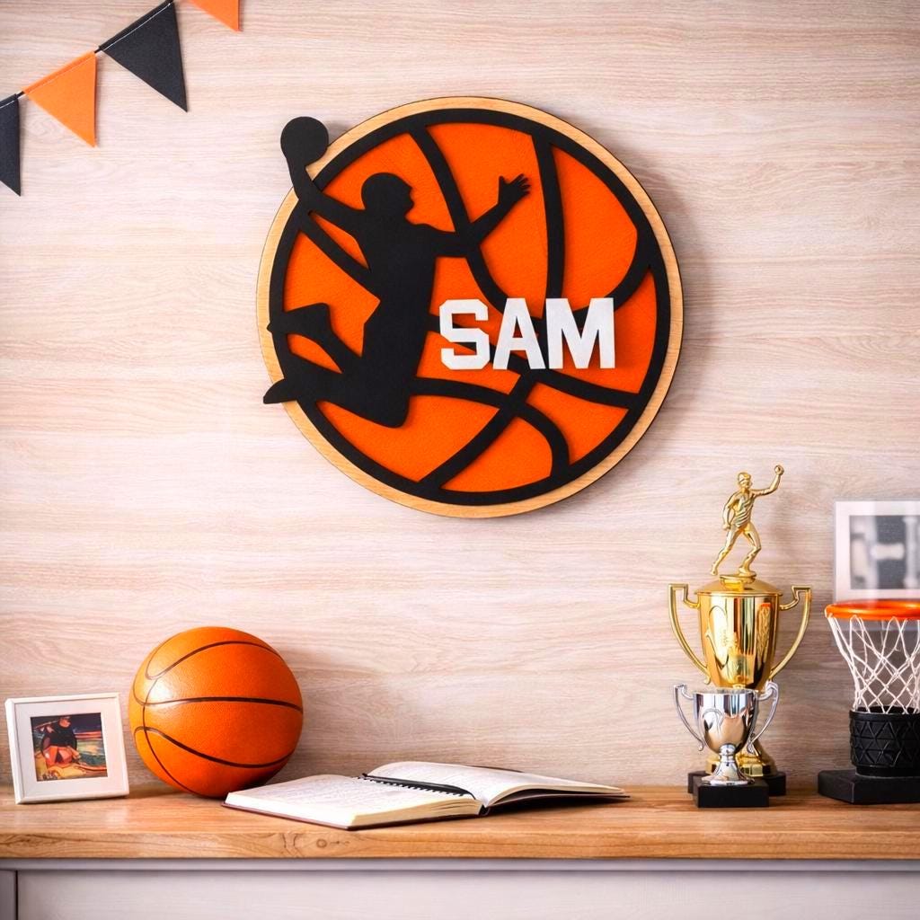 Personalized Basketball Name Sign – Custom Layered Wood Wall Decor – Sports Room Gift – Multiple Sizes Handmade 3D Wood Sign