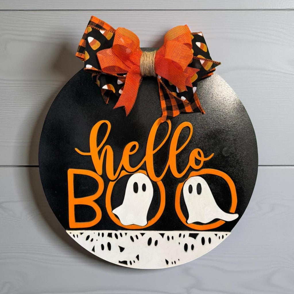 Ghost Halloween Sign: Layered Wood Door Hanger with Bow Seasonal Door Hanger