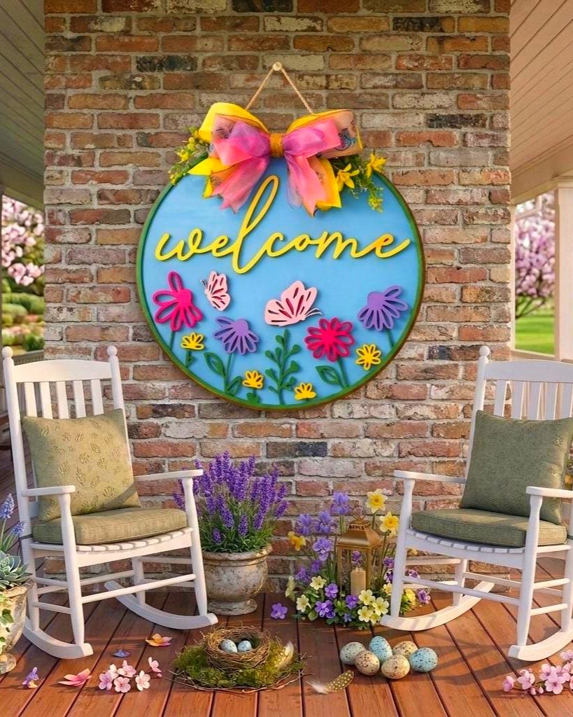 Spring Welcome Door Hanger, Colorful Floral Wooden Sign, Front Door Decor Handmade Wood Door Hanger