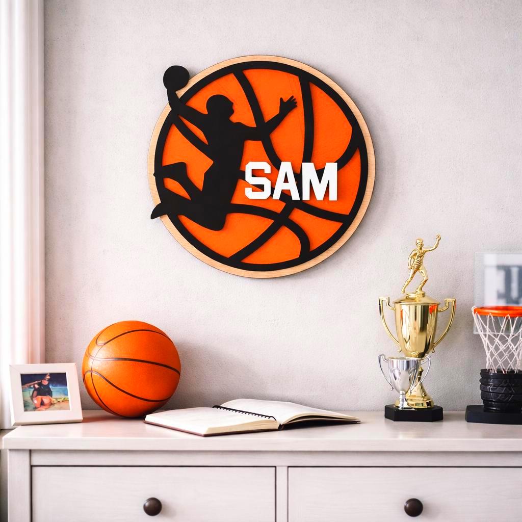 Personalized Basketball Name Sign – Custom Layered Wood Wall Decor – Sports Room Gift – Multiple Sizes Handmade 3D Wood Sign