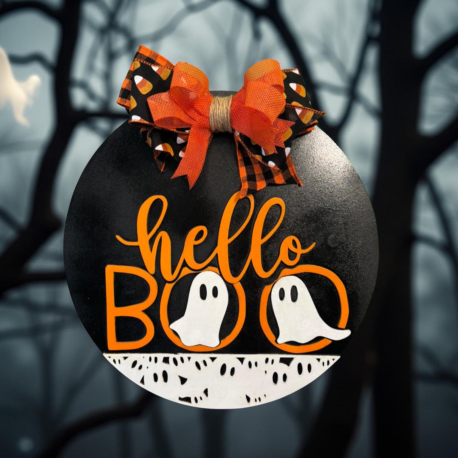 Ghost Halloween Sign: Layered Wood Door Hanger with Bow Seasonal Door Hanger