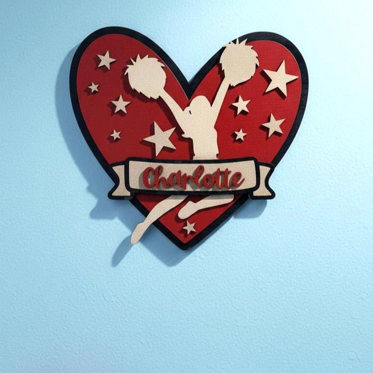 Personalized Cheerleader Heart Sign | Custom Name Wooden Cheer Decor | Girls Sports Room Wall Art Handmade 3D Wood Sign