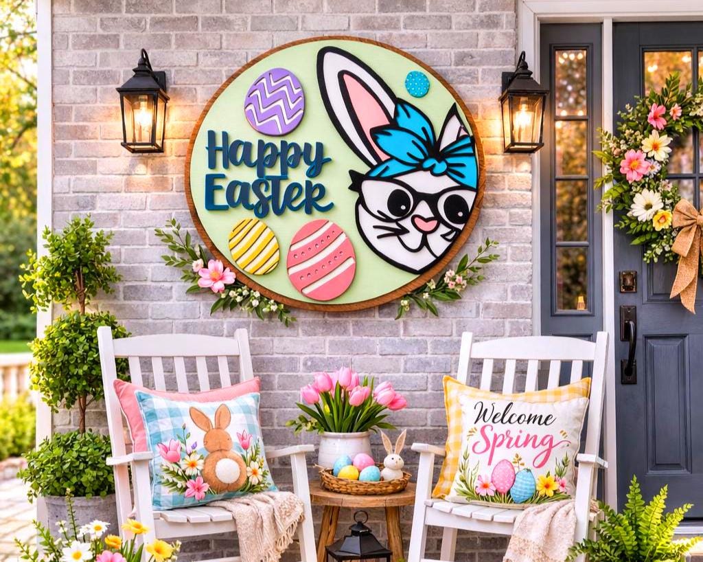 Happy Easter Wooden Sign | Bunny Door Decor | Spring Porch Door Hanger | Handmade Wall Hanging Seasonal Door Hanger