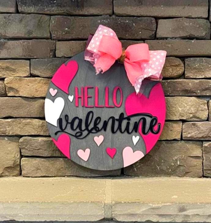 Hello Valentine Wooden Door Hanger | Heart Decor | Layered Wood Round Sign with Bow Seasonal Door Hanger