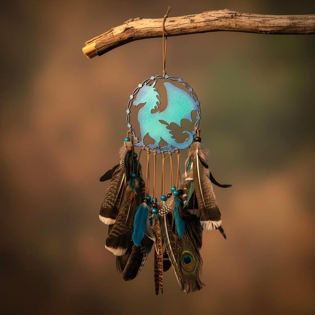 Dream Catcher Hanging with Feathers – Handmade Dragon Gift for Bedroom or Wall Handmade Wood Decor