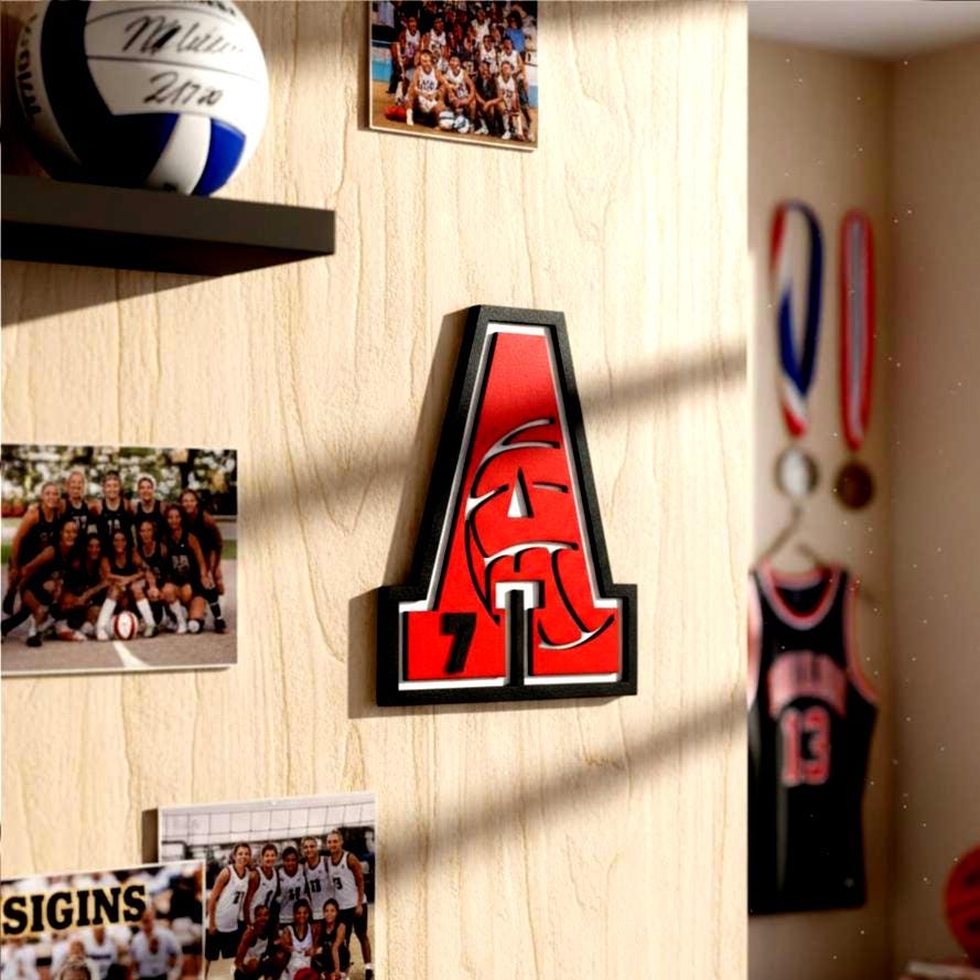 Custom Volleyball Letter Sign – Personalized 12" Wooden Wall Decor – Jersey Number & Team Colors Handmade 3D Wood Sign