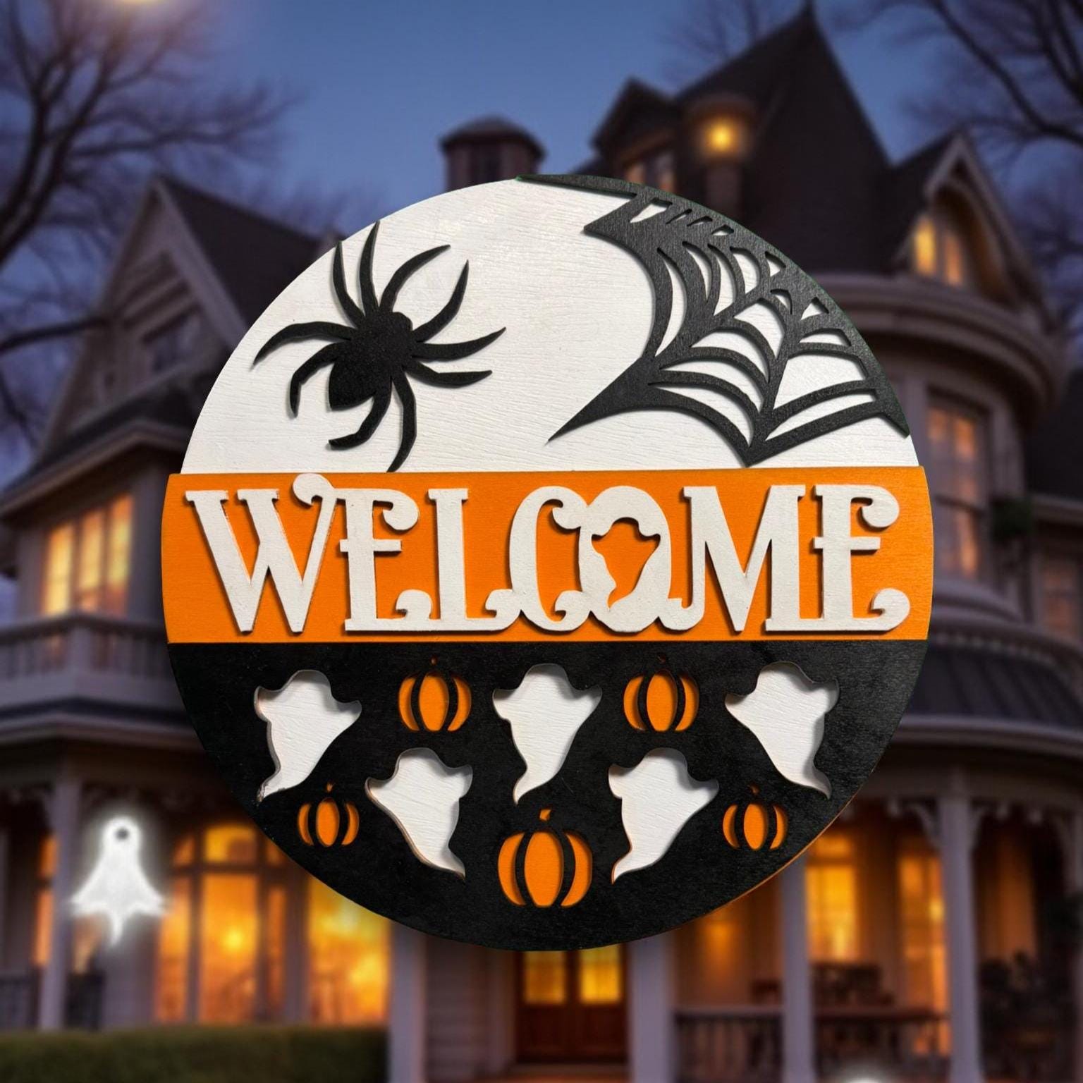 Halloween Welcome Sign: Layered Wood Ghost & Spider Door Hanger Seasonal Door Hanger
