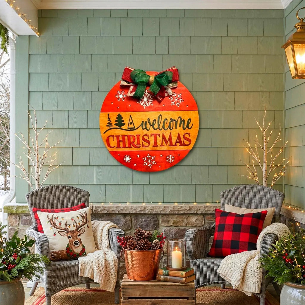 Welcome Christmas Sign – Round Wooden Door Hanger – Layered Holiday Decor with Seasonal Bow Seasonal Door Hanger