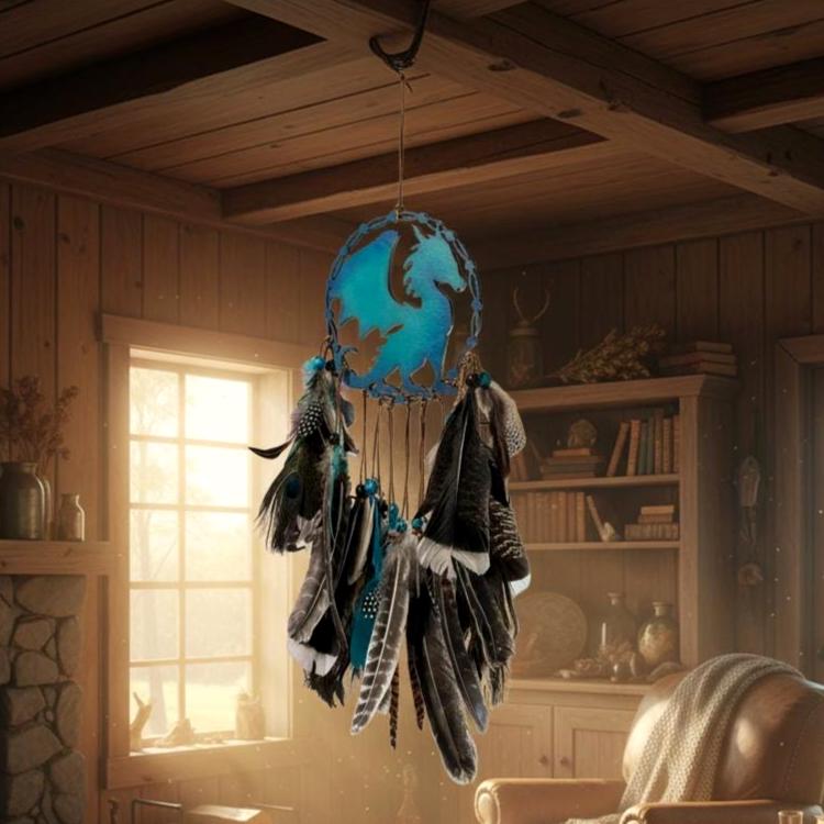 Dream Catcher Hanging with Feathers – Handmade Dragon Gift for Bedroom or Wall Handmade Wood Decor