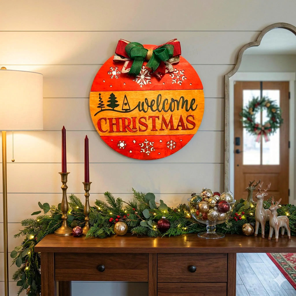 Welcome Christmas Sign – Round Wooden Door Hanger – Layered Holiday Decor with Seasonal Bow Seasonal Door Hanger