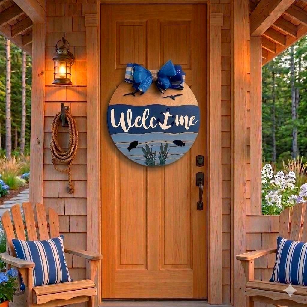 Coastal Welcome Sign | Nautical Wooden Door Hanger | Beach Lake Ocean Waterfront House Decor