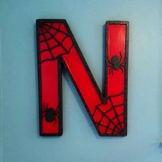 Personalized Spider Web Letter Sign | Handmade Superhero Wooden Wall Decor Handmade 3D Wood Sign