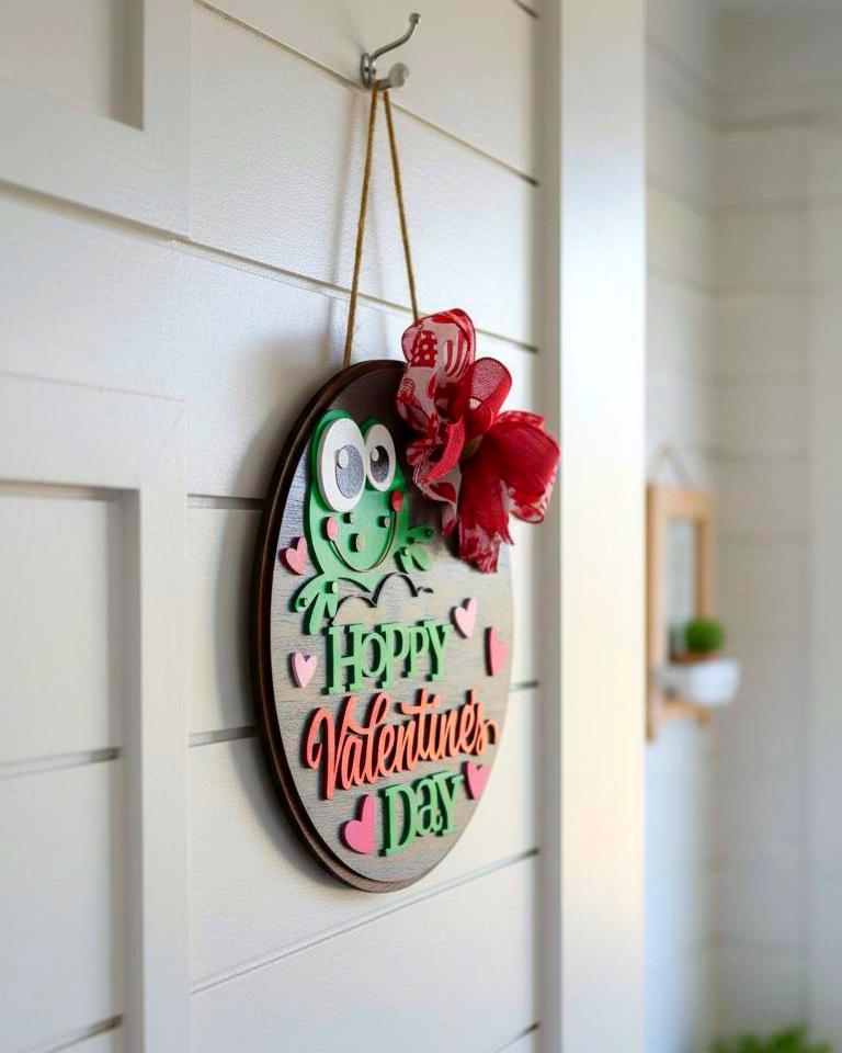 Hoppy Valentine’s Day Wooden Sign | Valentine Door Hanger | Frog Decor | Handmade Holiday Sign Handmade Wood Door Hanger