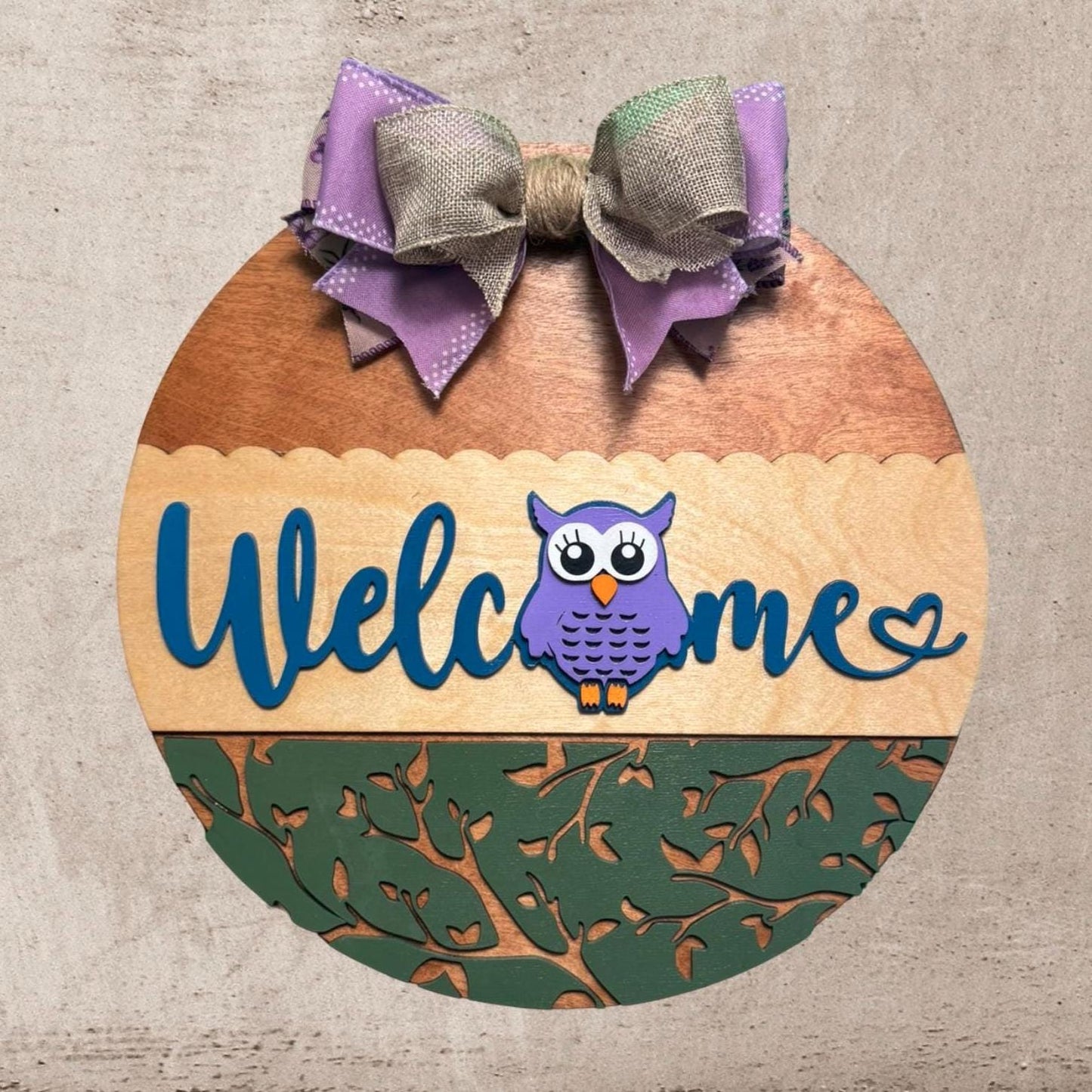 Handmade Owl Welcome Sign – 14" Layered Wood Round with Bow – Front Door Decor for Spring, Summer, or Mother’s Day – Owl Lover Decor