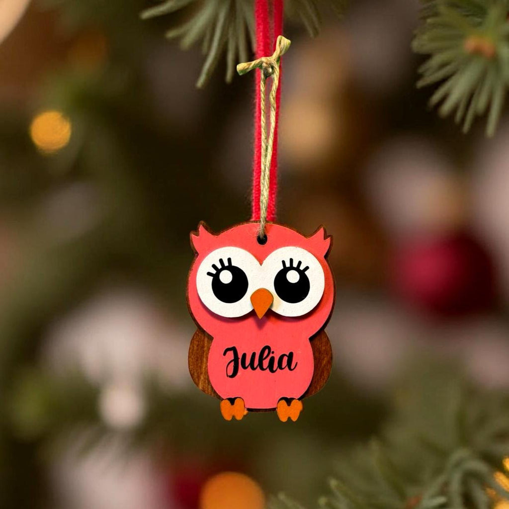 Personalized Owl Christmas Ornament – Layered Wood, Custom Name Handmade Seasonal Decor