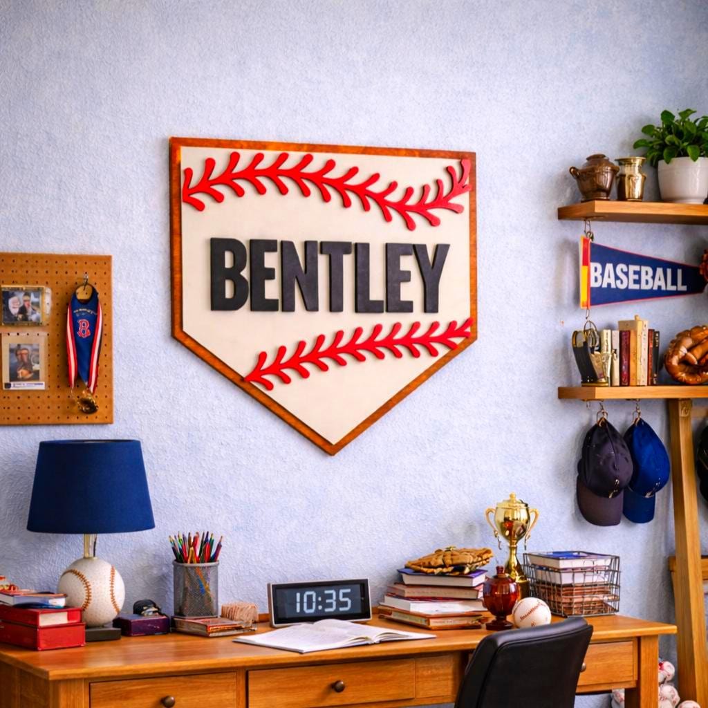 Personalized Baseball Home Plate Sign: Custom Name Wooden Wall Decor
