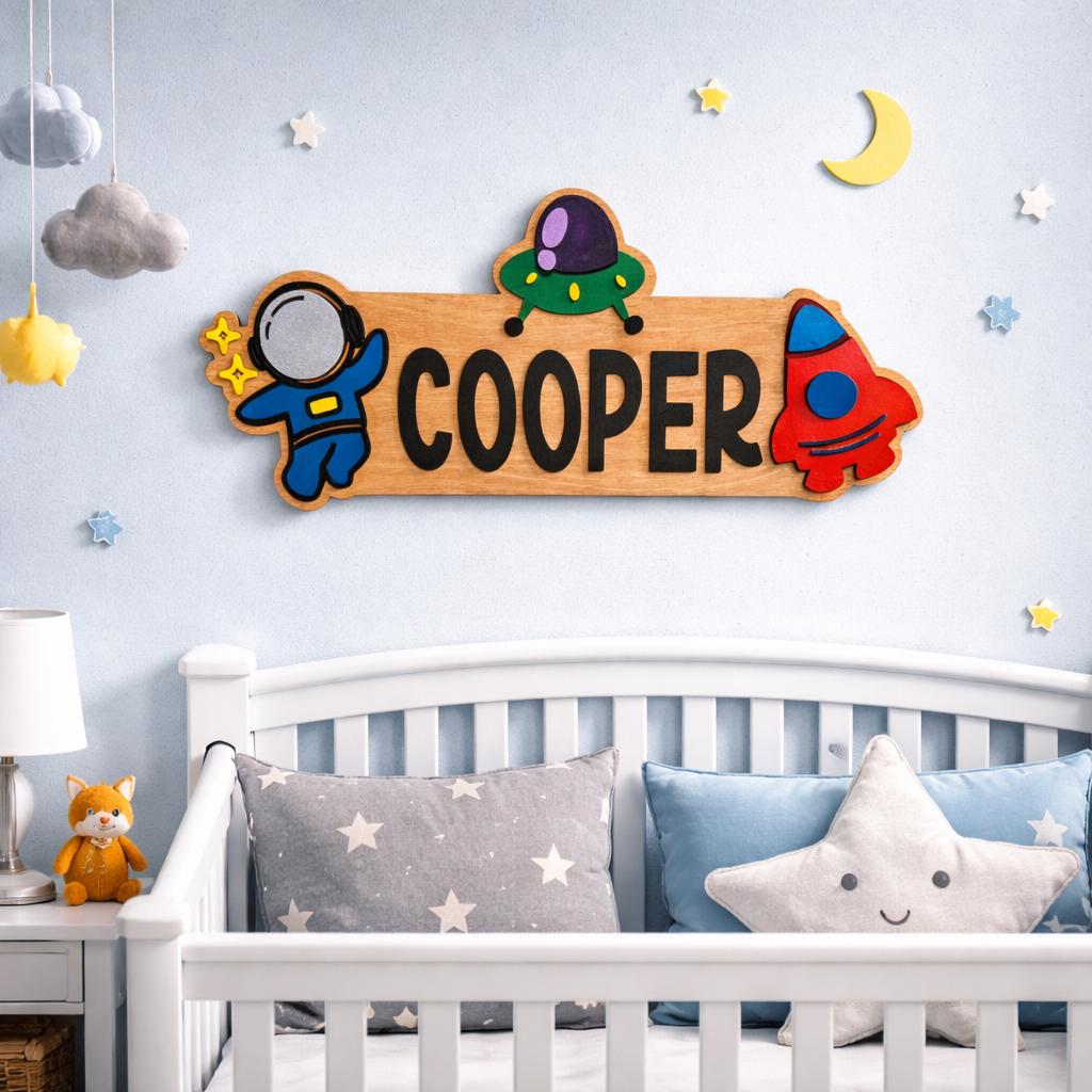 Space Themed Name Sign – Personalized Astronaut & Rocket Wall Decor – Layered Wood Kids Room Gift