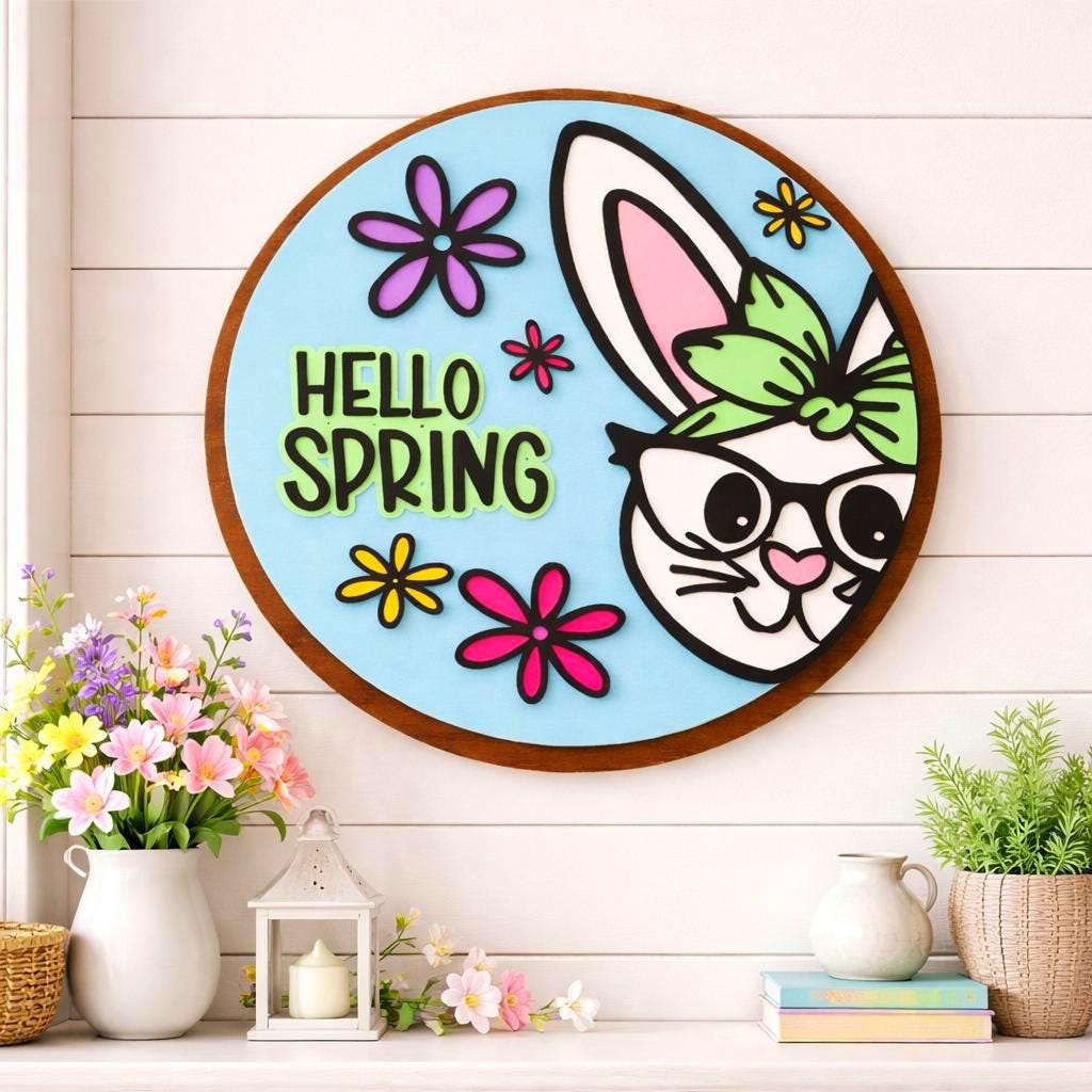 Hello Spring Bunny Sign | Layered Wooden Door Hanger for Spring