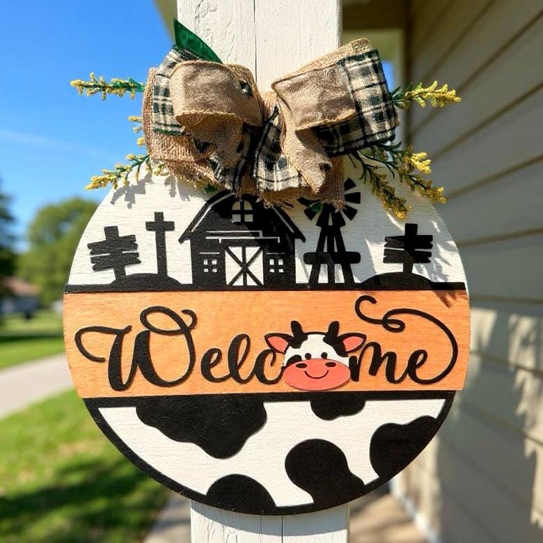 Farmhouse Cow Welcome Sign – Round Wooden Door Hanger with Bow – Country Porch Decor