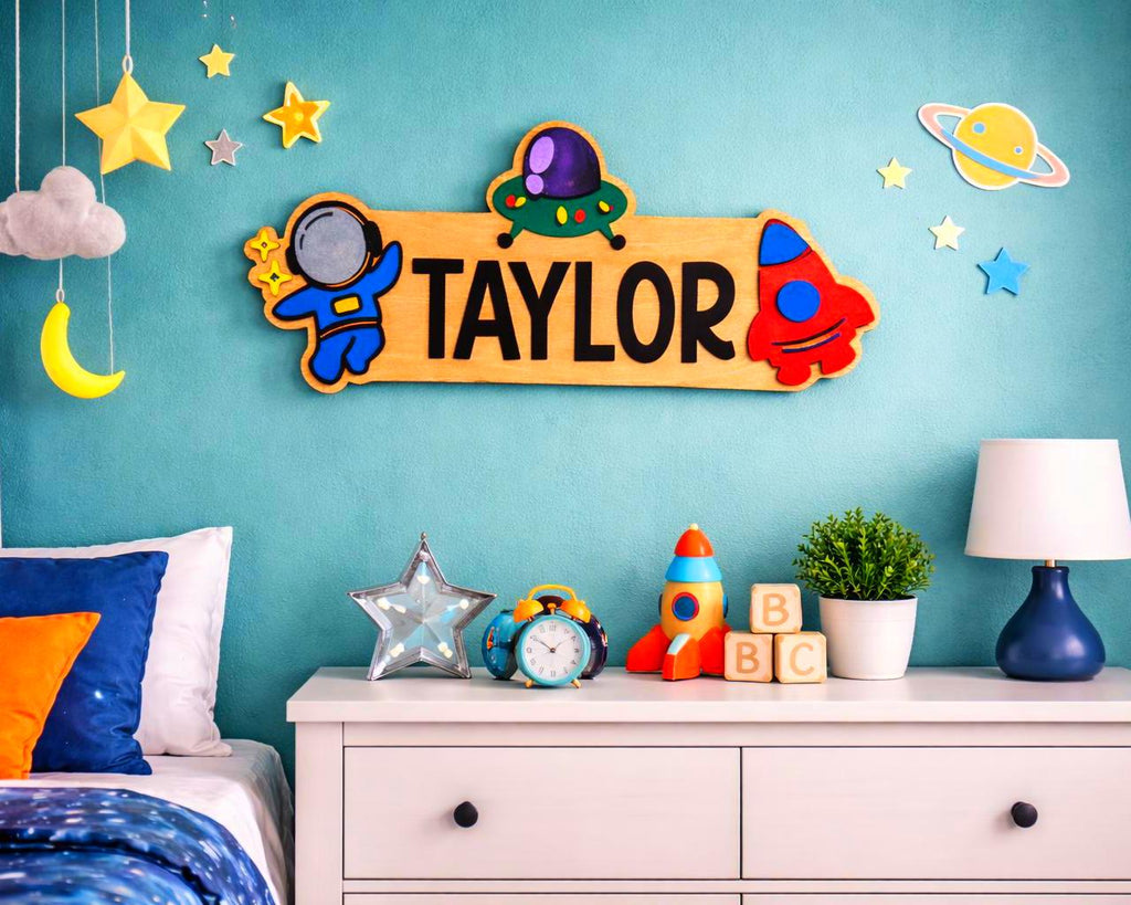 Space Themed Name Sign – Personalized Astronaut & Rocket Wall Decor – Layered Wood Kids Room Gift