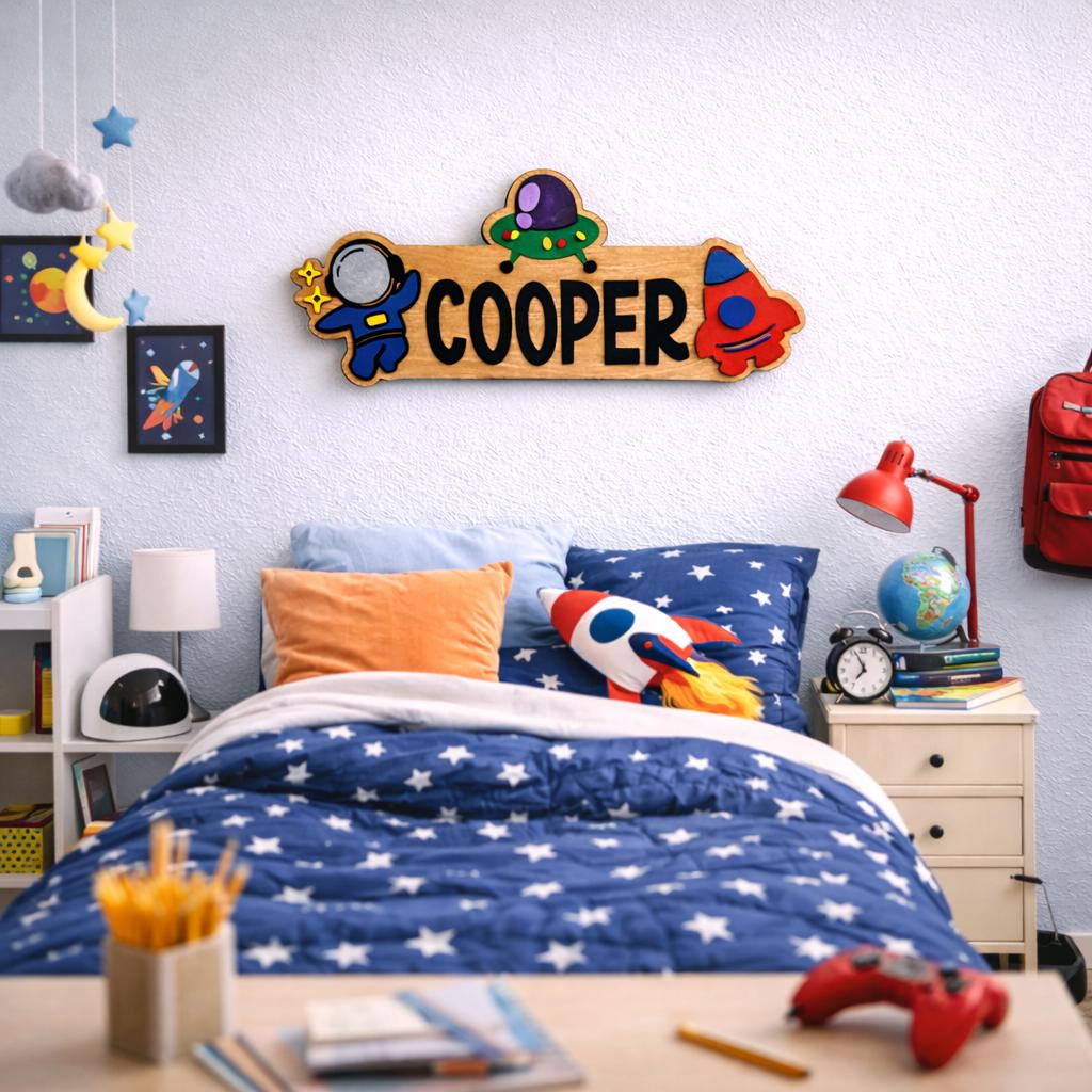 Space Themed Name Sign – Personalized Astronaut & Rocket Wall Decor – Layered Wood Kids Room Gift